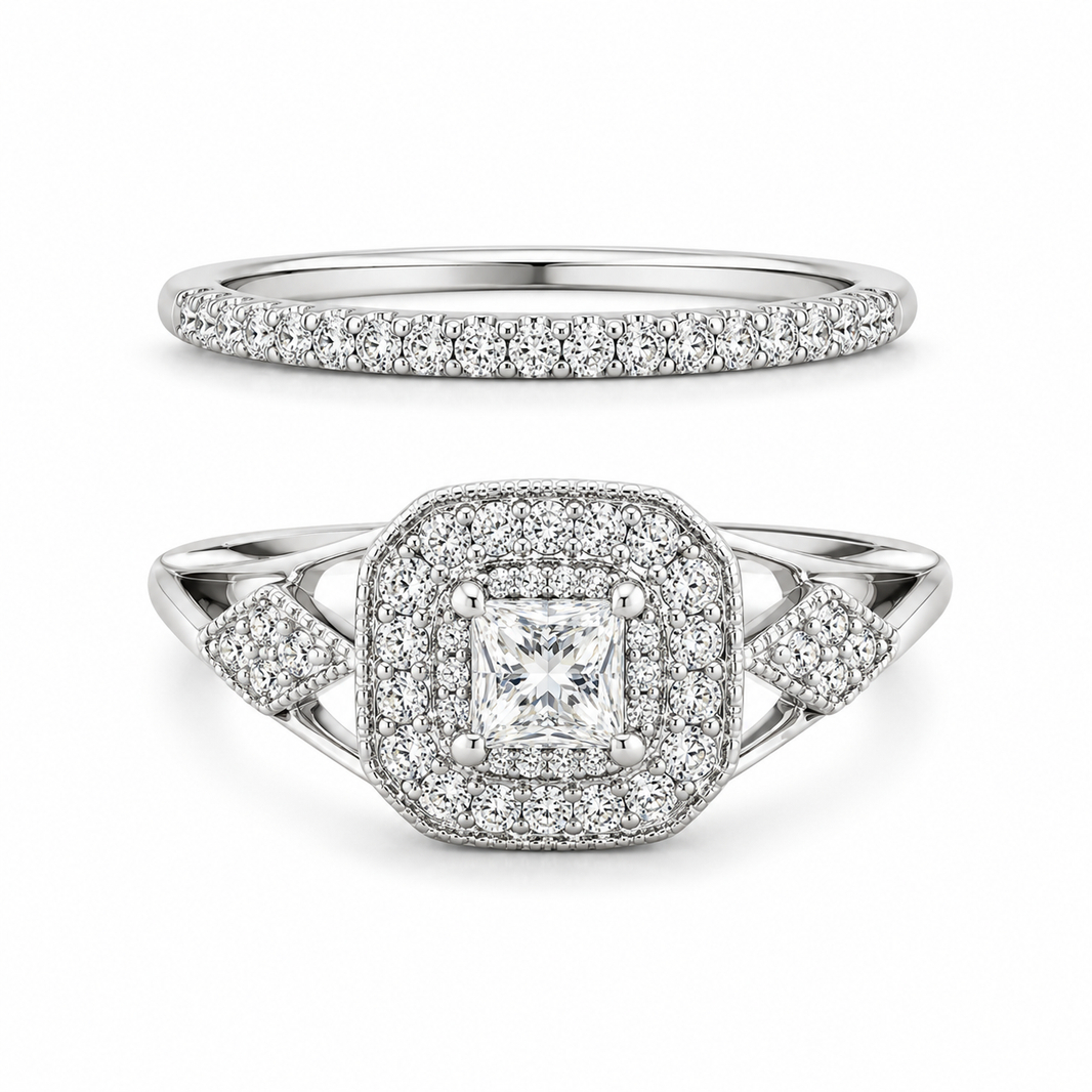10K White Gold Women's Wedding Set Princess 0.32 ct Natural Diamond