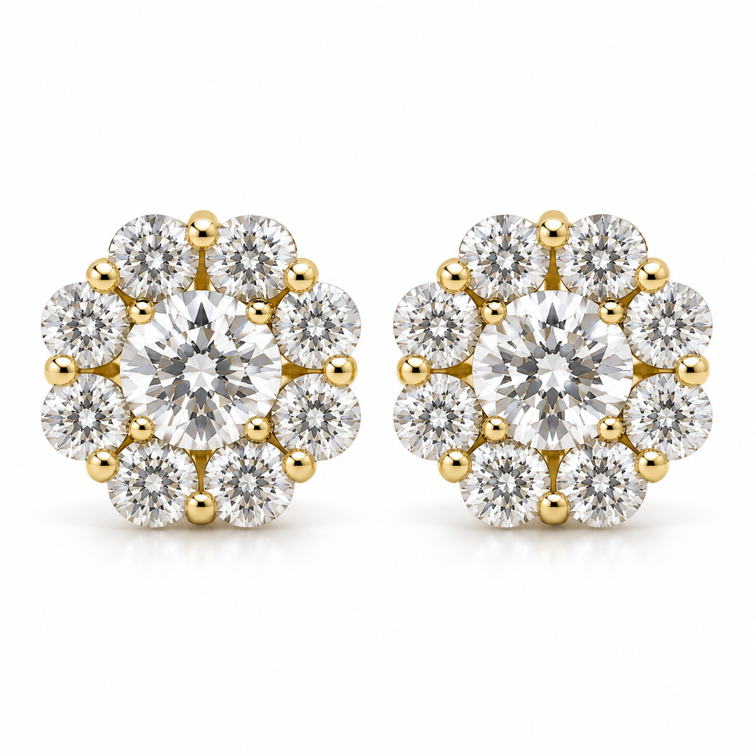 10K Yellow Gold Round Cluster Earrings 1.20 ct Lab Grown Diamond