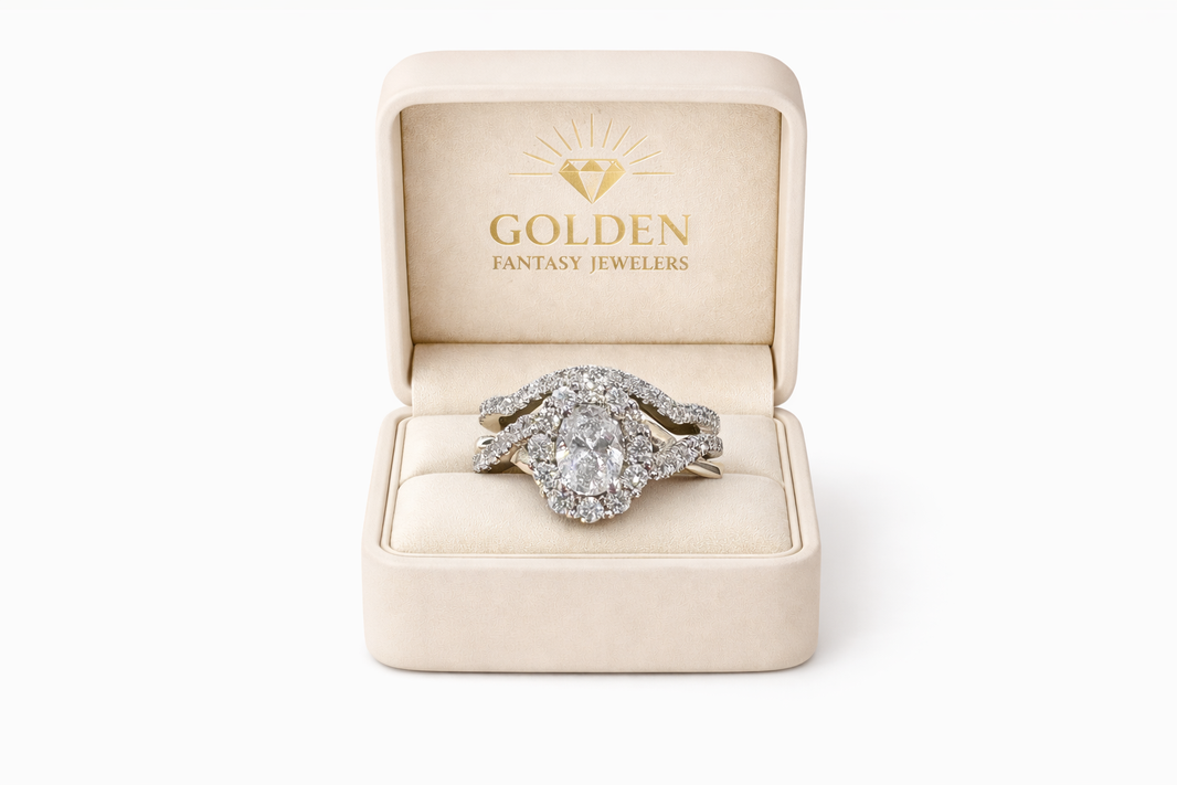 14K White Gold Women's Wedding Set 1.25 ct Oval, Round Natural Diamond