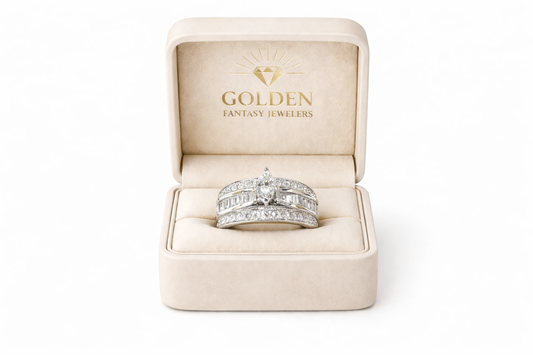 14K White Gold Ring 1.25 ct Marquise, Baguette, Round Cut Natural Diamond