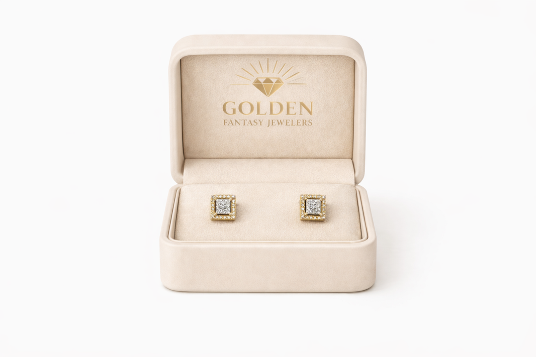 10K Two-Tone Gold Earrings Square 0.14 ct Natural Diamond