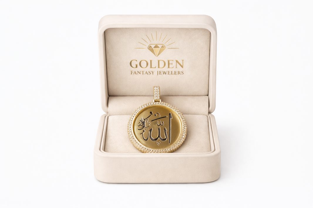 10K Yellow Gold “Allah” Arabic Charm 2.46 ct Natural Diamond