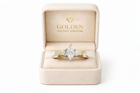 14K Two Tone Gold Women's Ring 0.93 ct Marquise, Baguette Cut Natural Diamond