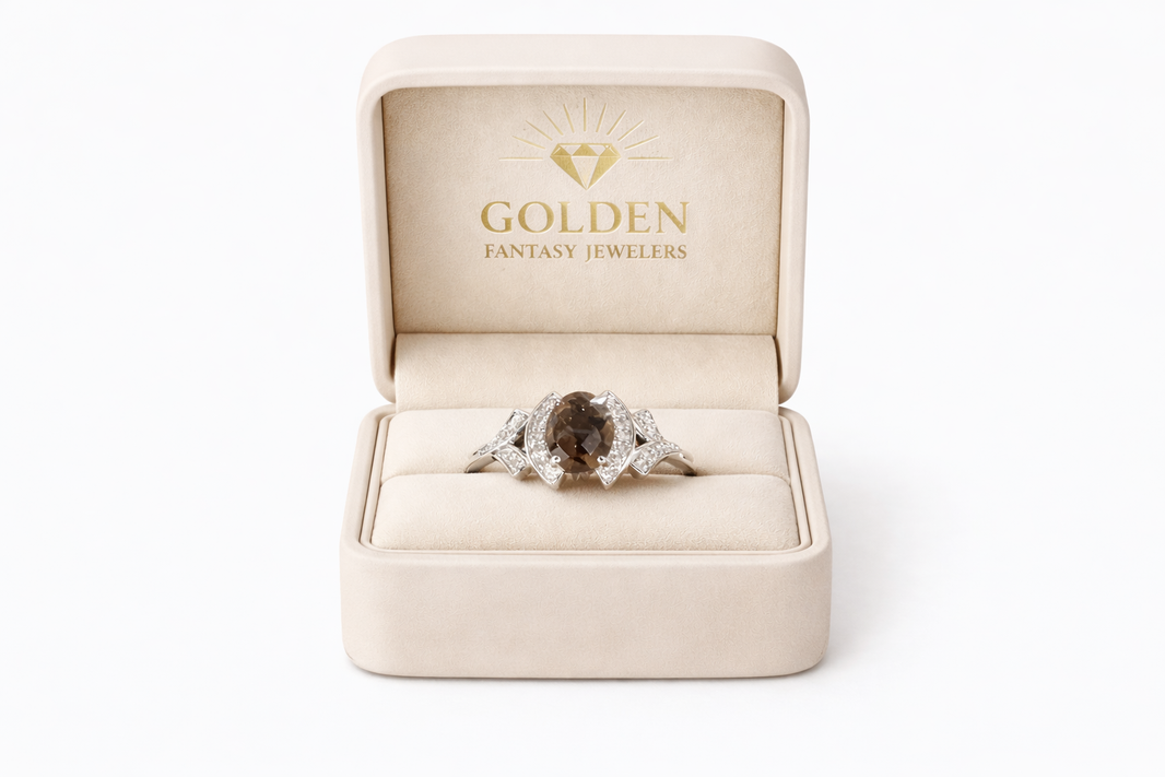 10K White Gold Ring Smokey Topaz 0.50, 0.12 CT Natural Diamond