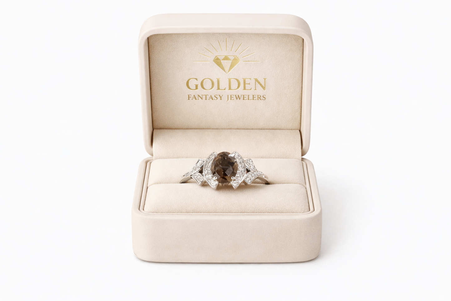 10K White Gold Ring Smokey Topaz 0.50, 0.12 CT Natural Diamond