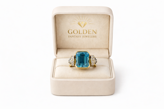 14K Two-Tone Gold Women's Ring Emerald Cut Blue Topaz 5.00 CT, Round 0.70 ct Natural Diamond