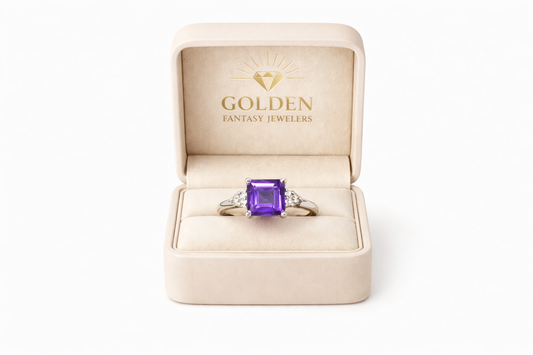 14K White Gold Ring Amethyst Princess Cut 0.84 ct 0.04 ct Natural Diamond