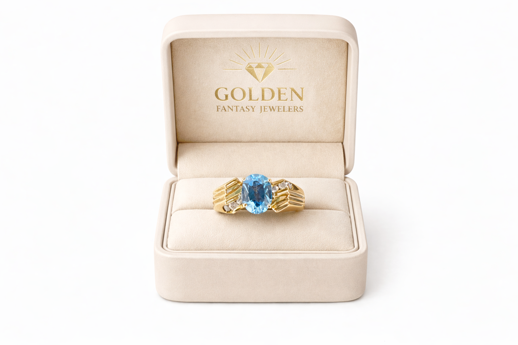 14K Yellow Gold Women's Ring Blue topaz Oval 1.5 ct 0.12 ct Round Natural Diamond