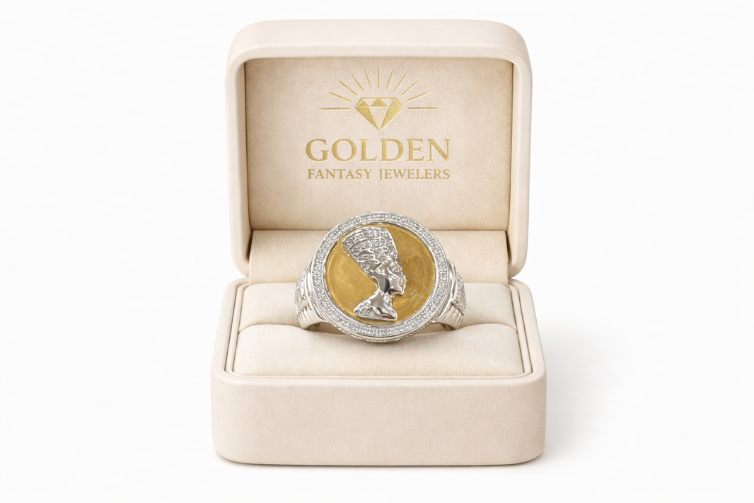 Sterling Silver Men's “Nefertiti” Ring 0.37 ct Gold Plated Natural Diamond
