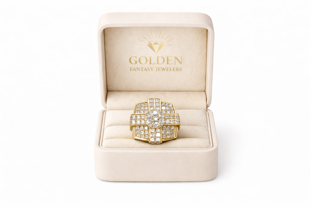 14K Yellow Gold Men's Cross Ring 3.48 ct Natural Diamond