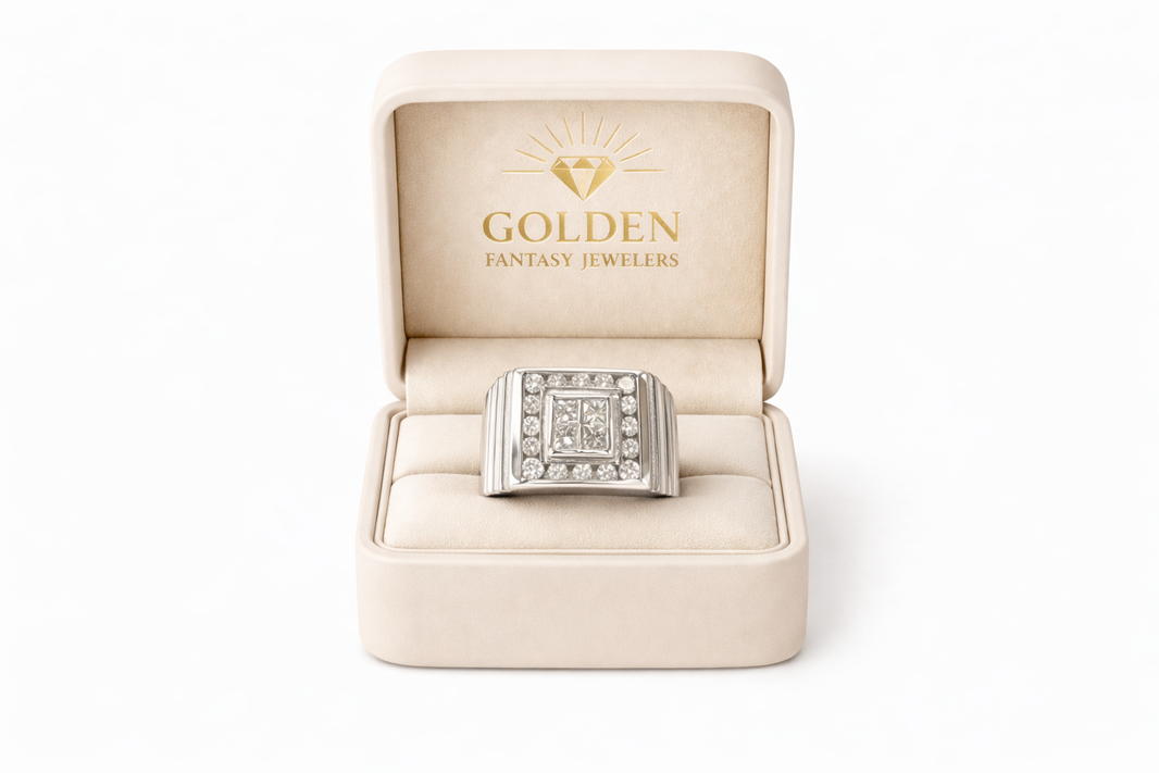 14K White Gold Men's Ring 1.61 ct Princess, Round Natural Diamond