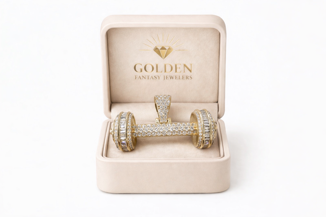 14K Yellow Gold Charm 2.31 ct Natural Diamond, Gold Dumbbell Pendant