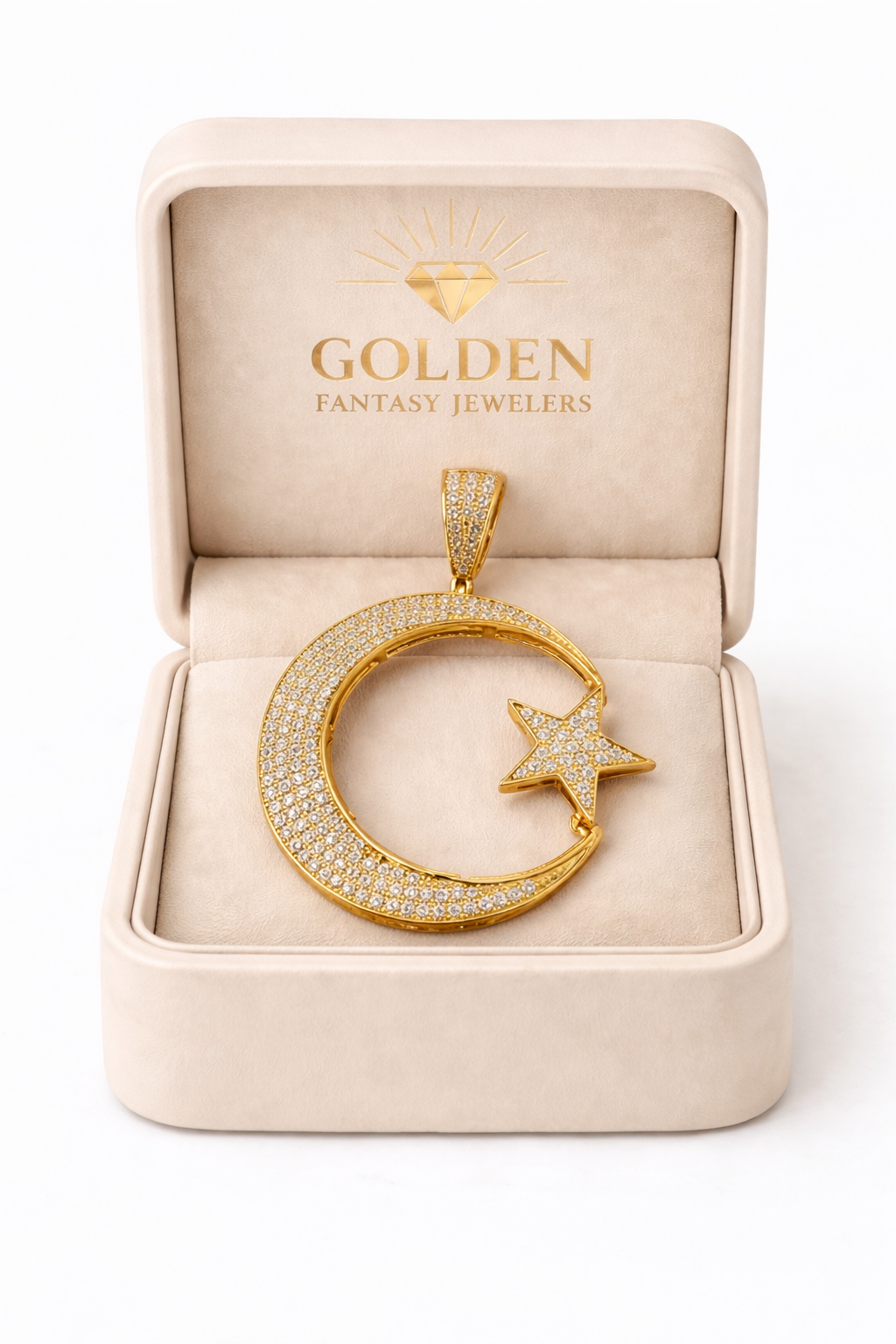 10K Yellow Gold Charm 1.98 ct Natural Diamond Moon and Star Pendant, Crescent Moon