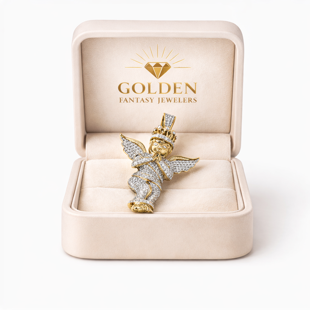 10K Yellow Gold Charm 0.86 ct Natural Diamond, Angel Pendant, Praying Angel