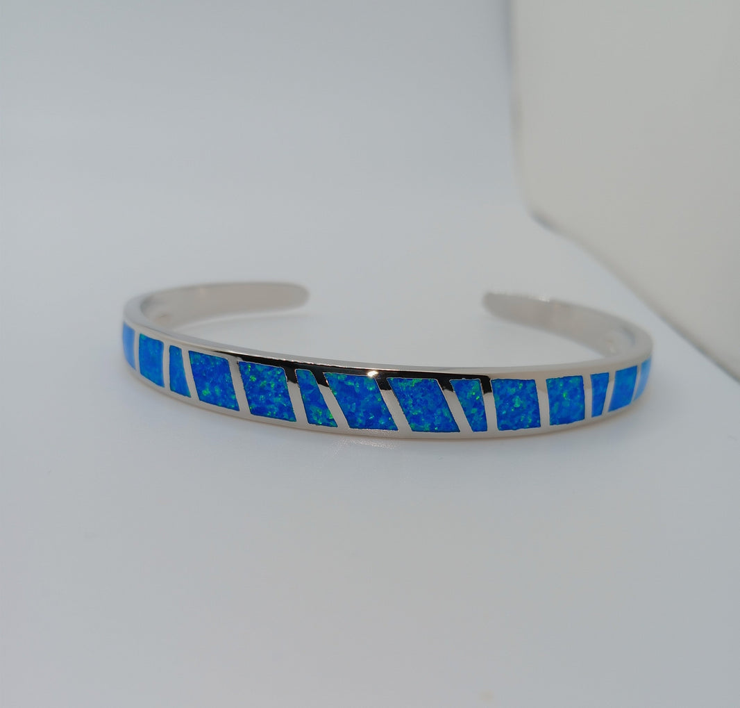 Blue Opal Open Bangle Bracelet Jewelry, Fire Opal Stone, Valentines Day Gift