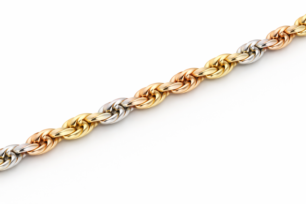 14k - 2.50mm Diamond-Cut Rope Bracelet - Tricolor