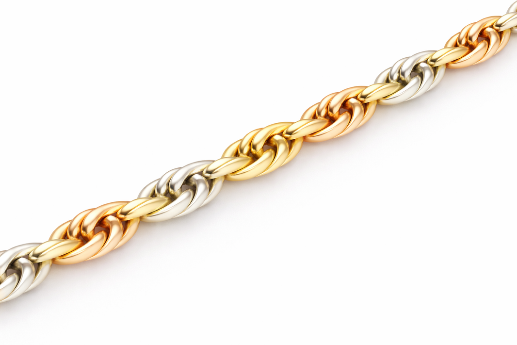 14k - 4.00mm Diamond-Cut Rope Bracelet - Tricolor
