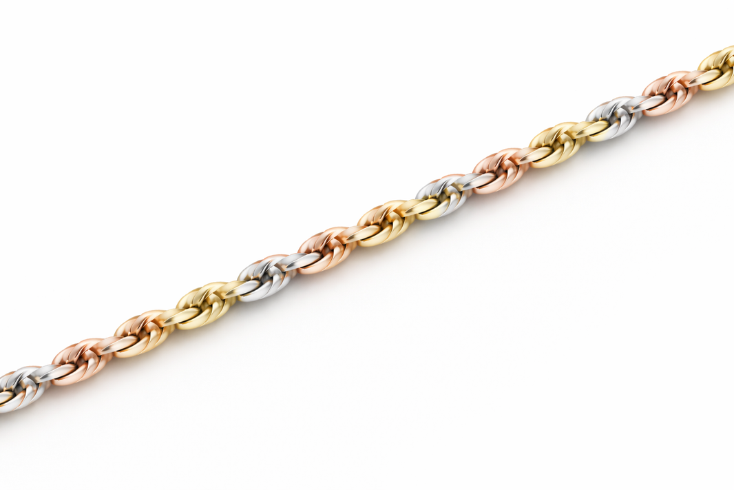 14k - 1.50mm Diamond-Cut Rope Bracelet - Tricolor