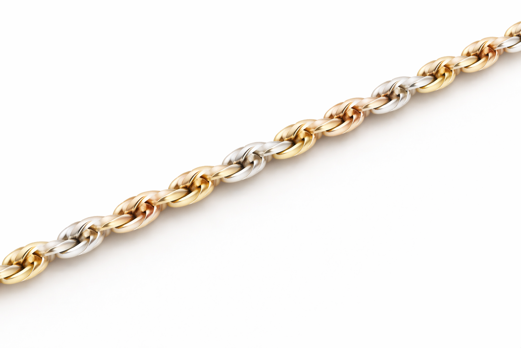 14k - 1.75mm Diamond-Cut Rope Bracelet - Tricolor