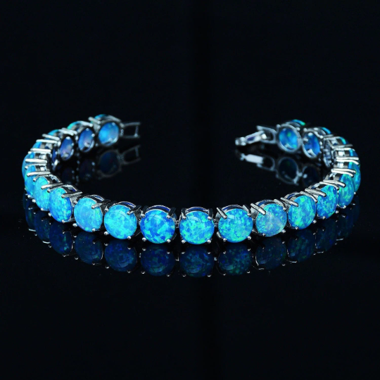 7.5 Inch Blue Opal Bracelet with 8mm Round Opals