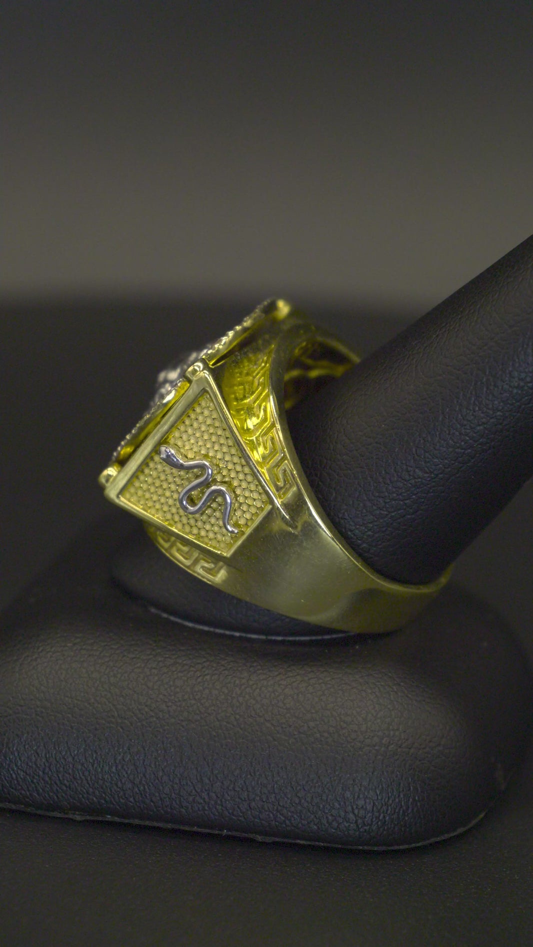 10K Yellow Gold Men's Ring Greek-Key Frame and Snake 0.44 ct Natural Diamond