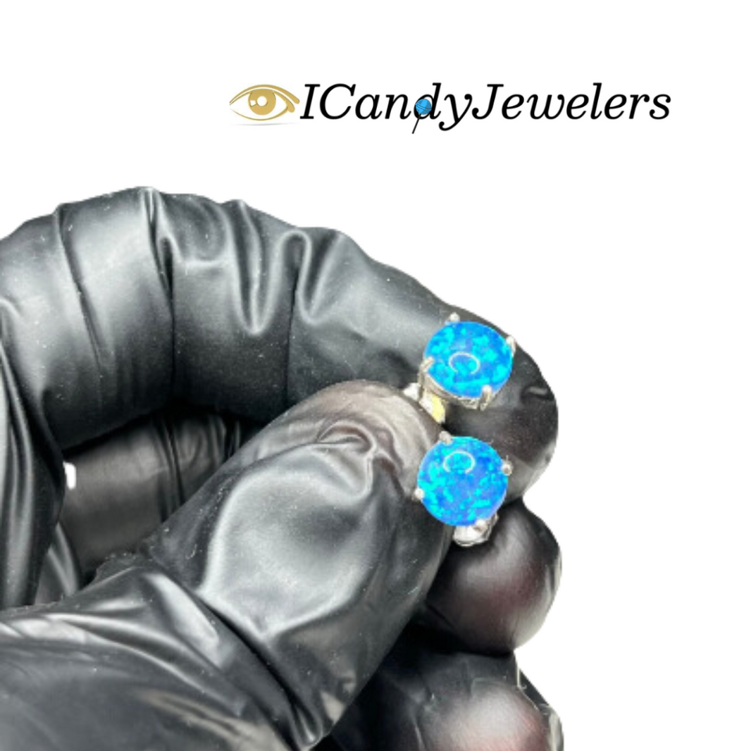 Round Opal Sterling Silver Stud Earrings, 4 prong or 8 prong option available
